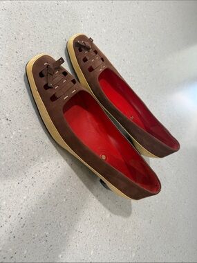 Celine Brown Suede Flats with Red Leather Insole and Tan Trim